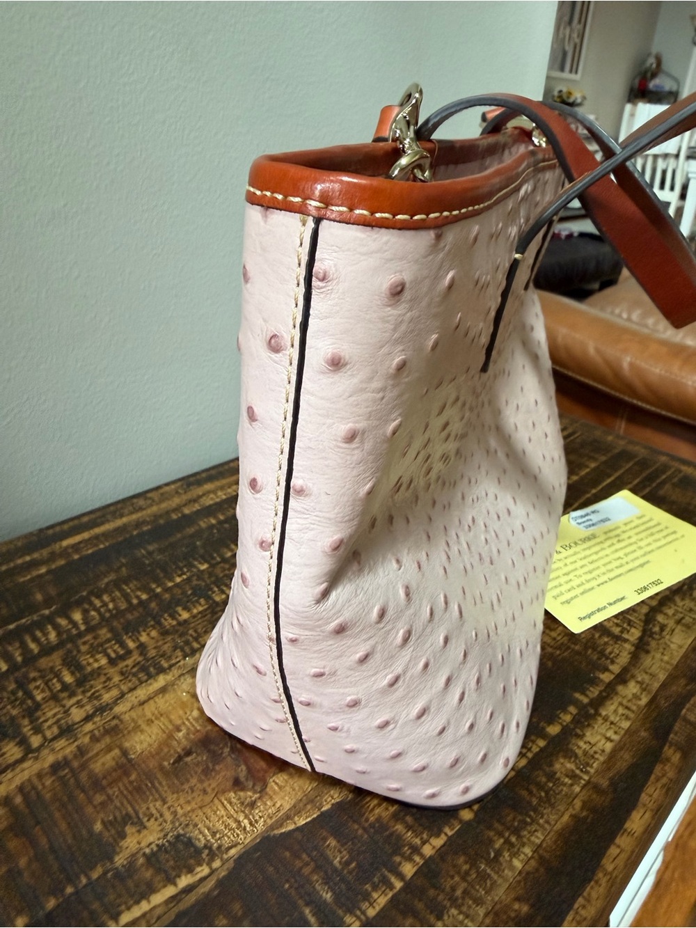 Dooney & Bourke Blush Ostrich-Embossed Tote with Brown Trim and Strap - Picture 11 of 12